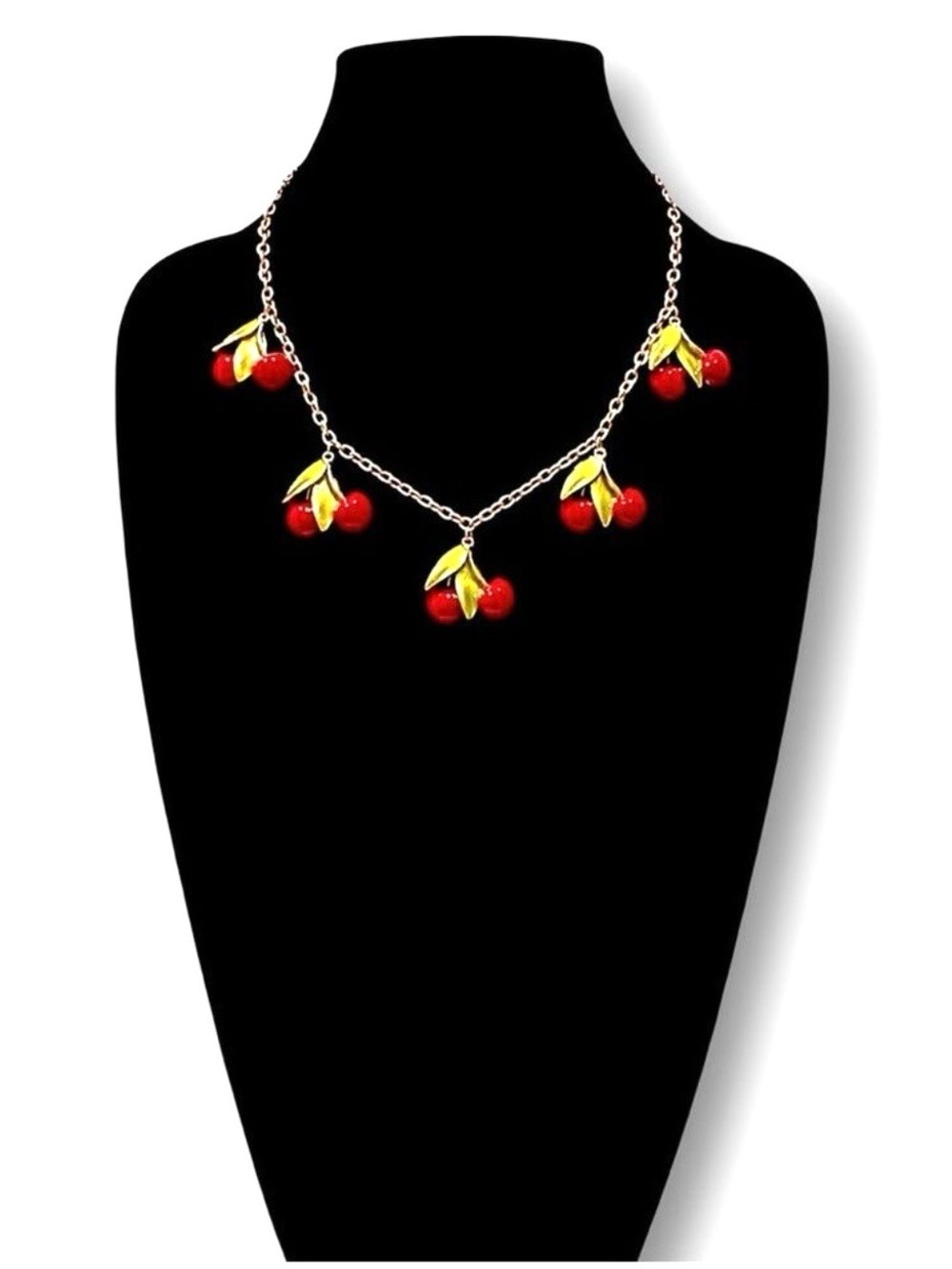 FASHIONABLE FRUIT | Cherries Jubilee Red & Green Enamel Charm Necklace​ | NIB